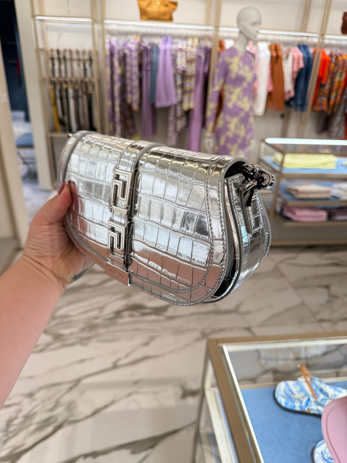 Versace Silver Metallic Croc-Embossed Greca Shoulder Bag