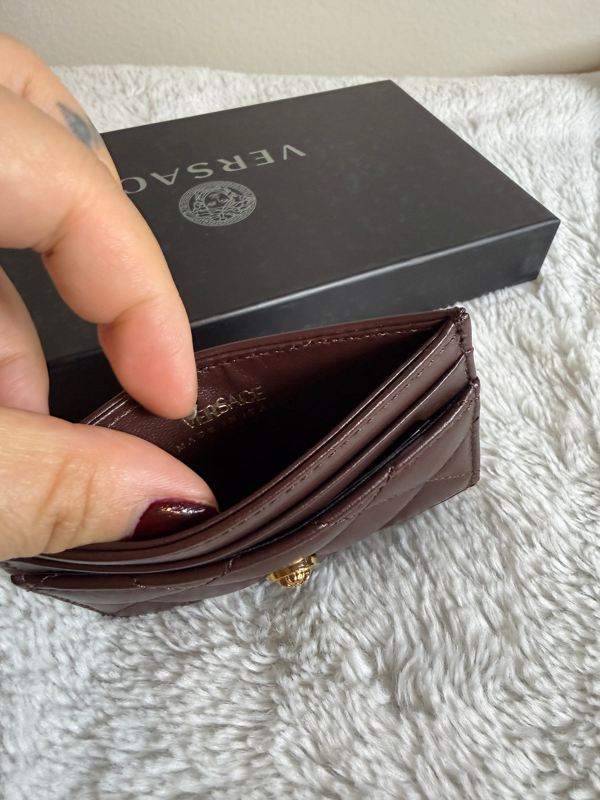 Versace Burgundy Quilted Leather Medusa Card Holder