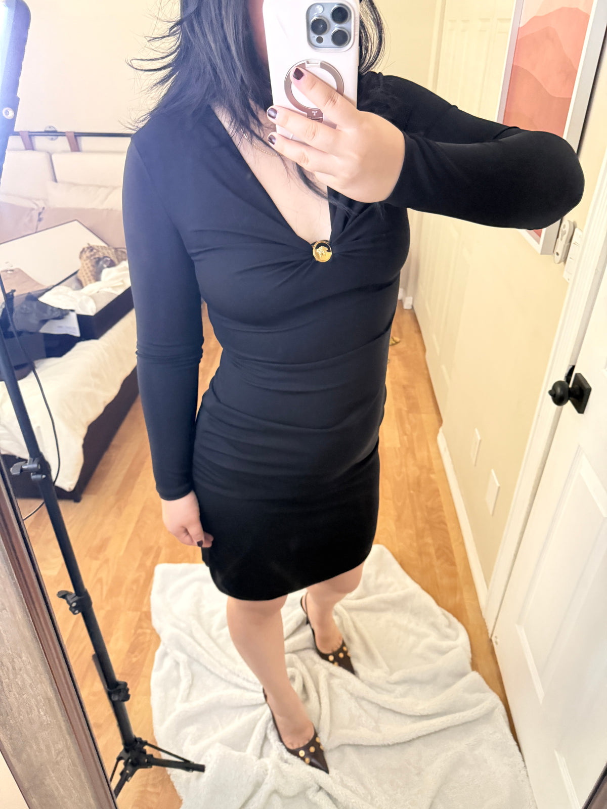 Versace Black Medusa Long Sleeve Midi Dress