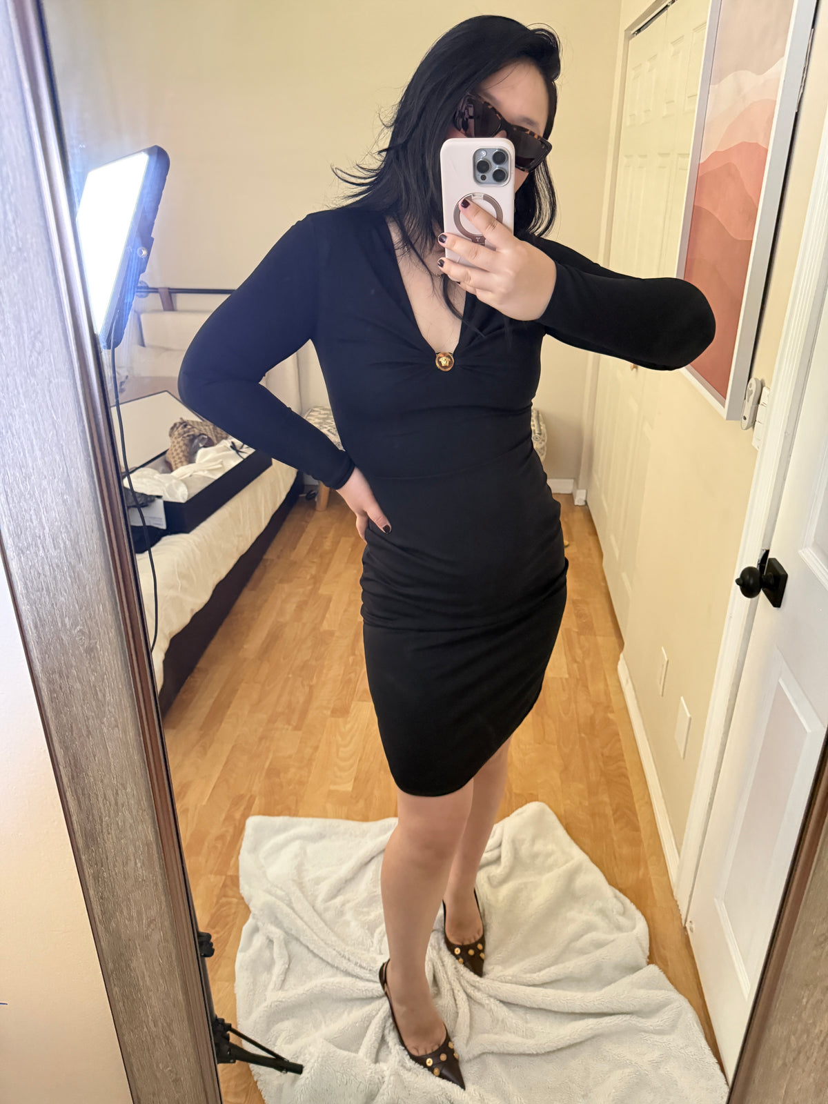 Versace Black Medusa Long Sleeve Midi Dress