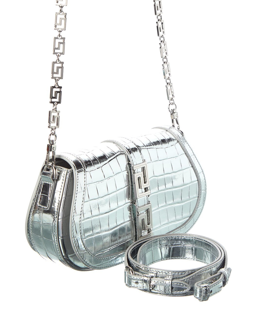 Versace Silver Metallic Croc-Embossed Greca Shoulder Bag