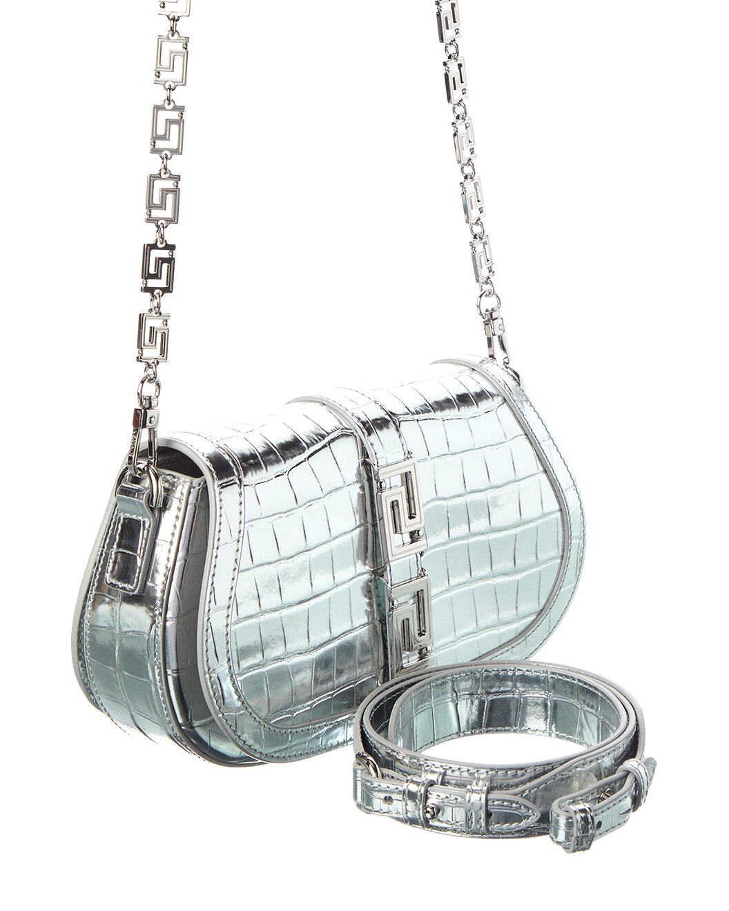 Versace Silver Metallic Croc-Embossed Greca Shoulder Bag