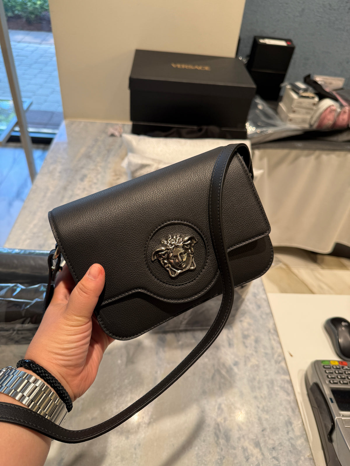 Versace Black Leather La Medusa Crossbody Bag