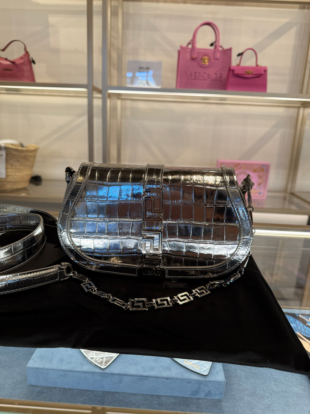 Versace Silver Metallic Croc-Embossed Greca Shoulder Bag
