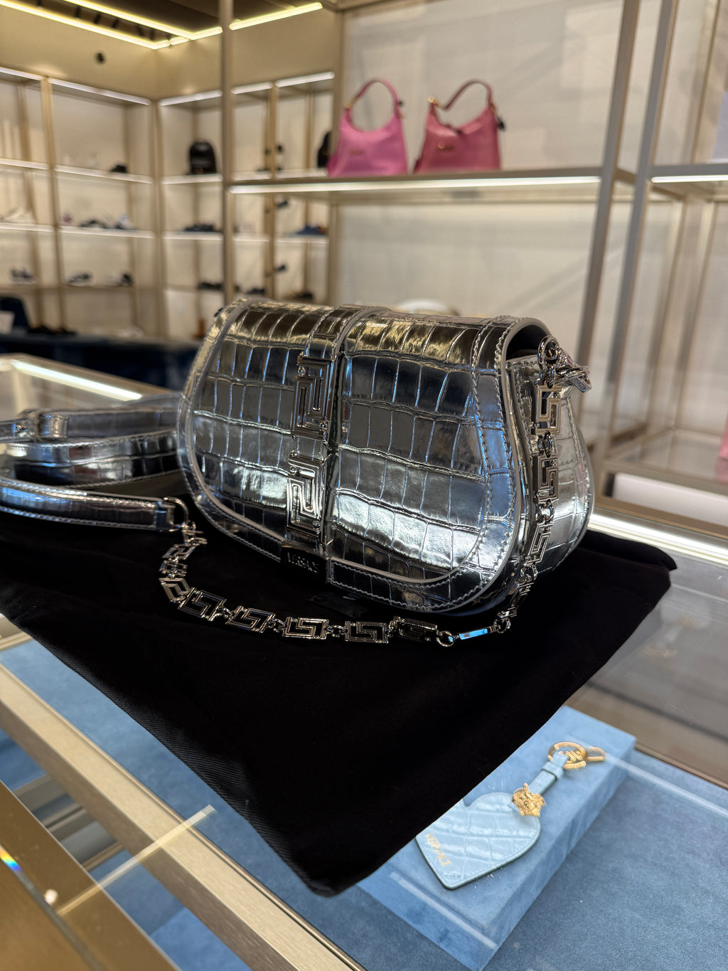 Versace Silver Metallic Croc-Embossed Greca Shoulder Bag