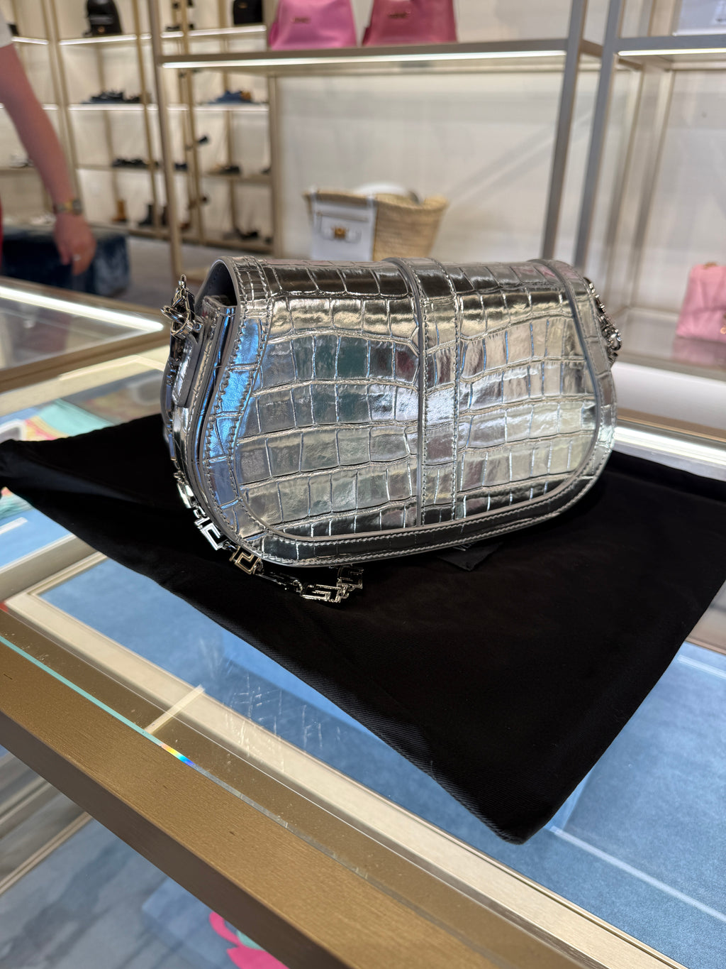 Versace Silver Metallic Croc-Embossed Greca Shoulder Bag