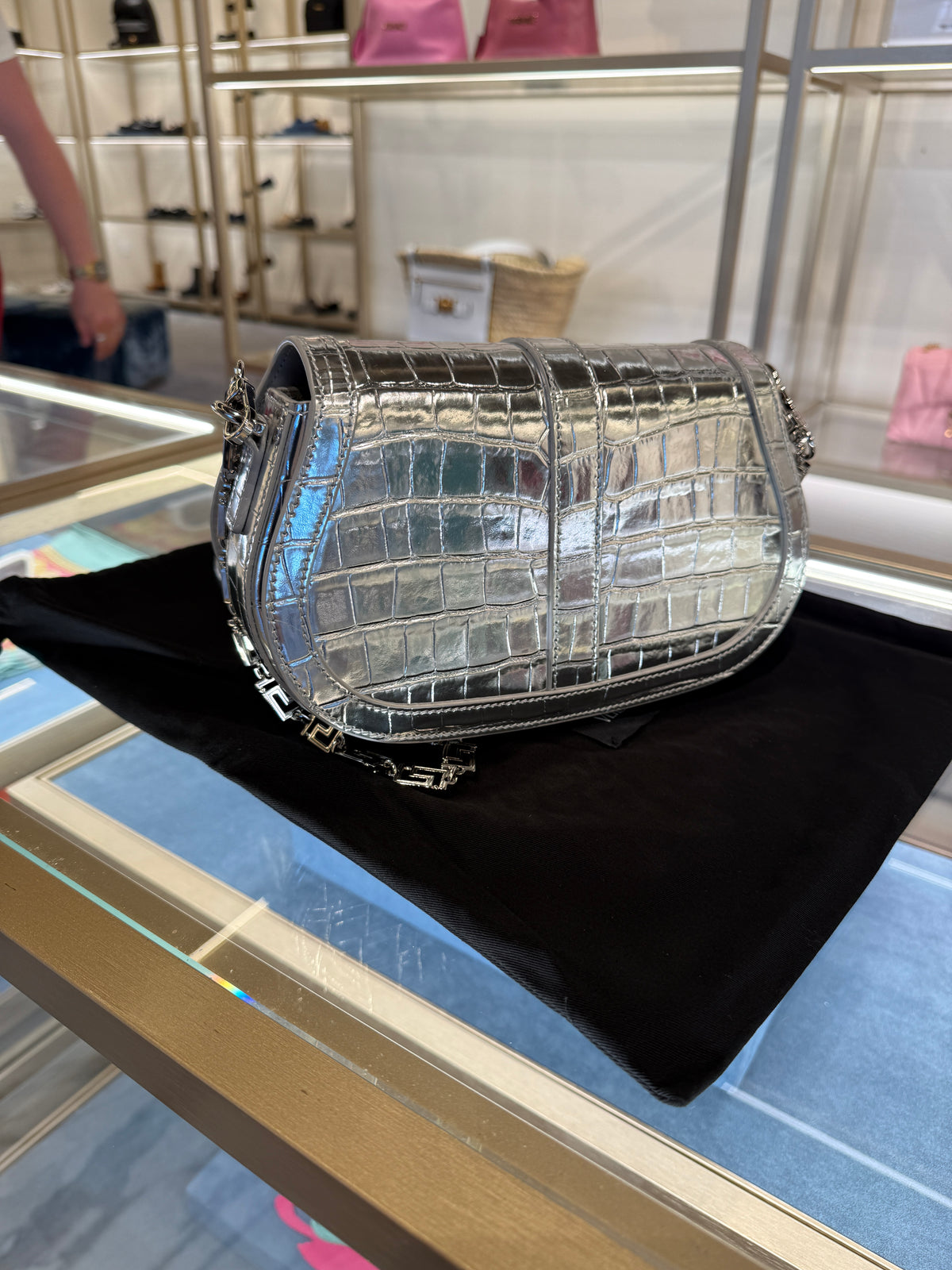 Versace Silver Metallic Croc-Embossed Greca Shoulder Bag