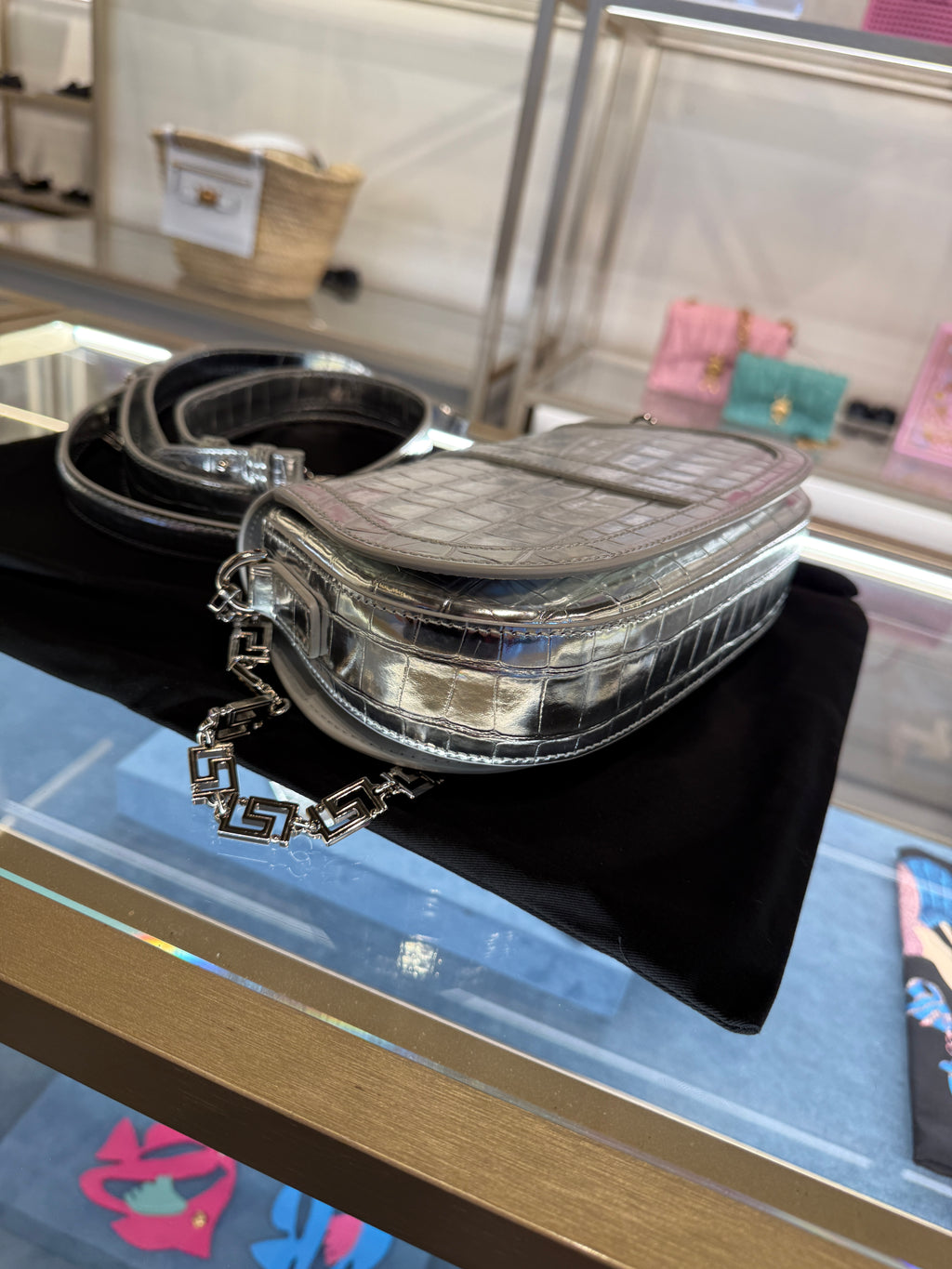 Versace Silver Metallic Croc-Embossed Greca Shoulder Bag