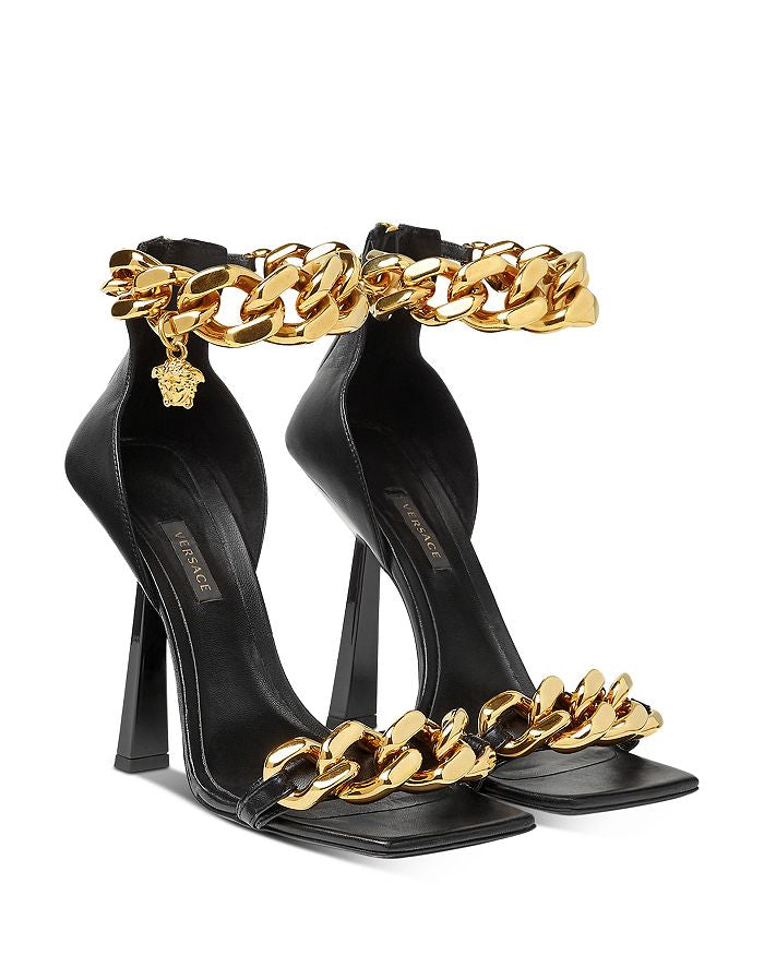 Versace Black Leather Chain High-Heel Sandals